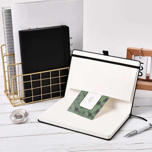 Vista 7 de Cuaderno punteado, diario, 5.3 x 8.26 pulgadas, tapa dura, prémium, papel grueso, doble espiral, bandas, cuero negro sintético, lazo para bolígrafo