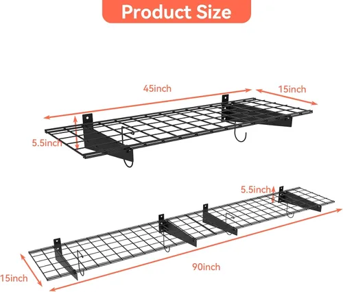 Vista 3 de TORACK Paquete de 2 Estantes de Pared para Garaje, Estantes de Alambre Montados en la Pared de 15" x 45" para Garaje de Servicio Pesado, Estantería