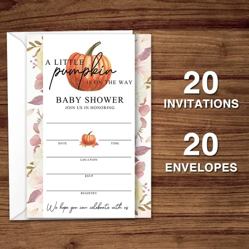 Vista 4 de JY023 - Invitaciones para baby shower de otoño con diseño de calabaza dulce está en camino, hojas de otoño, tema de otoño, paquete de 20 tarjetas