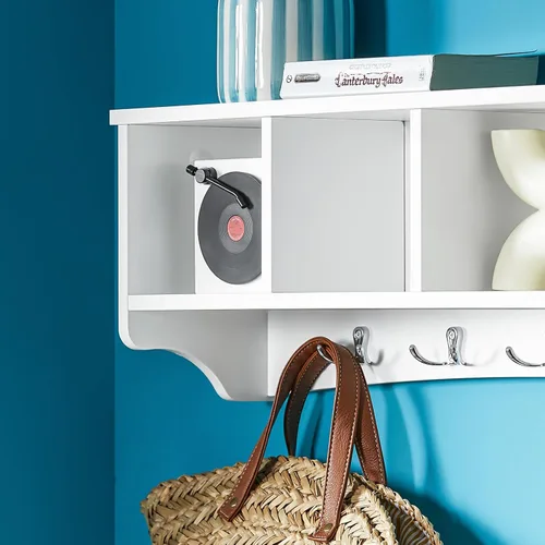 Vista 5 de Haotian - Estantería de pared blanca con ganchos para abrigos, perchero de pared para entrada, unidad de almacenamiento con 4 compartimentos y 5