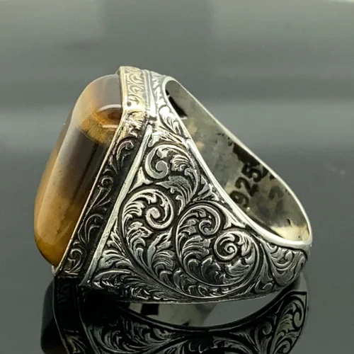 Vista 4 de Men Handmade Ring, Tiger Eye Stone Ring, Natural Tiger Eye Gemstone Ring, Turkısh Handmade 925k Sterling Silver Ring, Gift For Him
