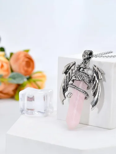 Vista 32 de Collar de dragón – Colgante hexagonal de plata envuelto en cristal con cristal natural – Joyería genial para hombres y mujeres