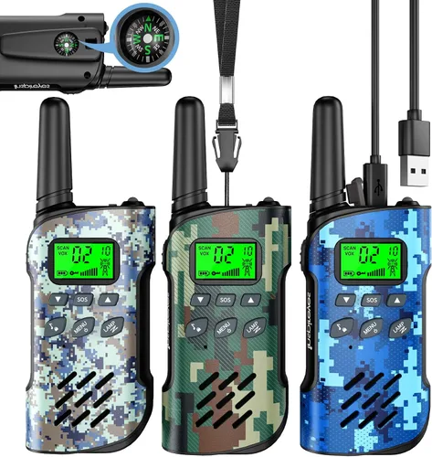 Vista 19 de Inspireyes Walkie Talkies para niños, paquete de 2 recargables de largo alcance, juguetes para niños y niñas de 3 a 12 años, juguete de radio de 2