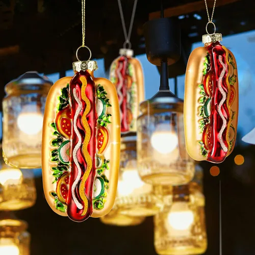 Vista 4 de 2 adornos navideños hechos a mano de vidrio soplado para decoración de chimenea de árbol de Navidad (estilo perro caliente) Handcrafted Glass