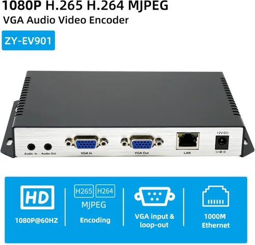Vista 2 de H.265 H.264 MJPEG 1080P@60 Codificador de vídeo VGA codificador de audio de vídeo HD con soporte de bucle VGA HTTP, UTP, RTSP, RTMP, RTMPS, SRT