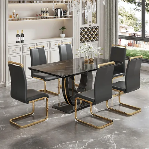 Vista 15 de JUFU Moderno juego de mesa de cocina y comedor, mesa rectangular con parte superior de mármol sintético, 63 pulgadas, color negro, 4 sillas