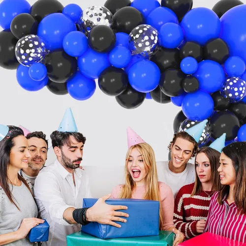 Vista 7 de Juego de globos de confeti azul rey, negro y plateado, arco de globos de confeti azul, negro y plateado para decoración de cumpleaños de bebé jefe