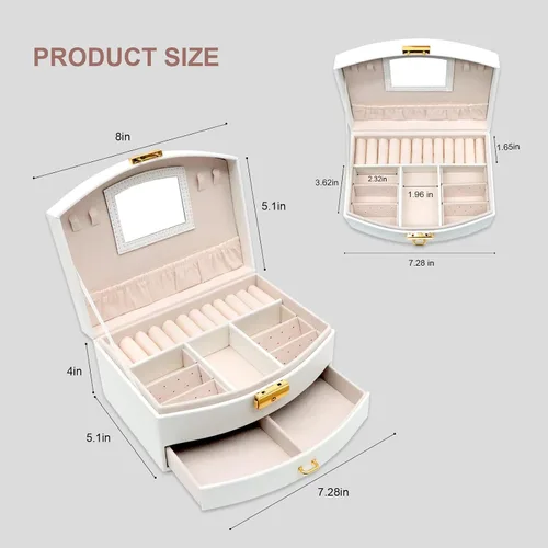 Vista 5 de XKY Organizador de joyas cajas de joyería de 2 capas para mujer caja de joyería de viaje de piel sintética para aretes anillos pulseras collares