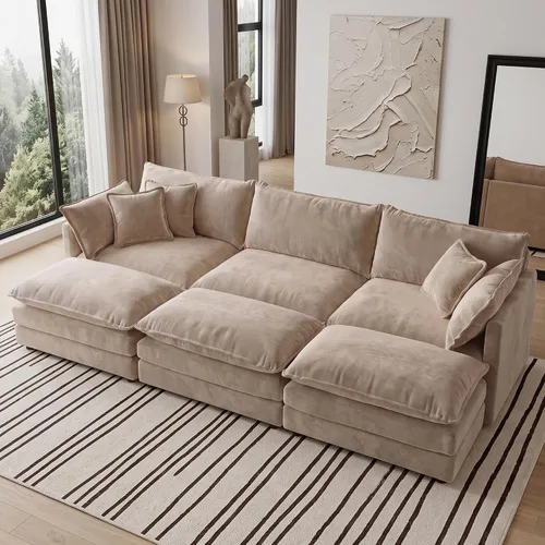 Vista 47 de Sofá individual modular de chenilla con otomana, sofá nube con almohada, color beige