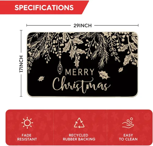 Vista 3 de Artoid Mode Alfombra de Puerta con Vistoso Vistoso de Muérdago y Acebo Negro, Feliz Navidad, Decoración de Hogar de Invierno de Bajo Perfil