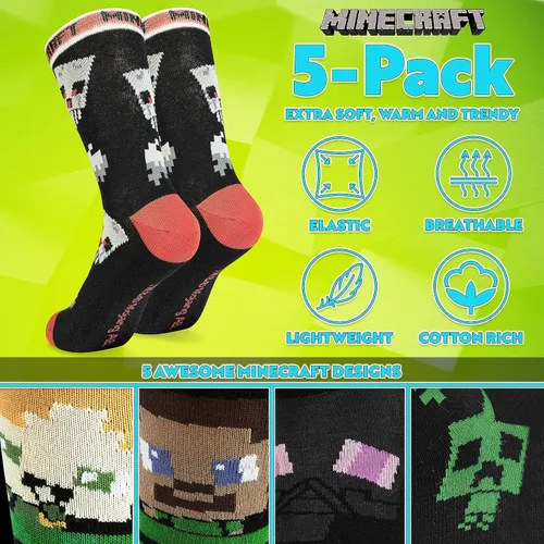 Vista 4 de Minecraft Calcetines para niños, paquete de 3 o 5 unidades, calcetines de tobillo para niños, ricos en algodón, para uso diario, escuela, deportes