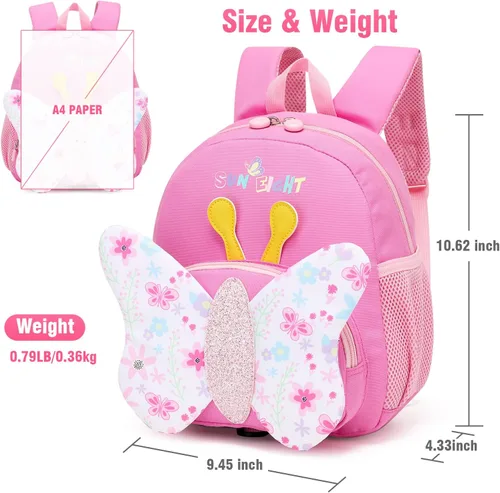Vista 3 de SUN EIGHT Mochila infantil para niñas y niños, linda mochila escolar de dibujos animados en 3D para bebés, niños y niñas de 1 a 5 años, Mariposa