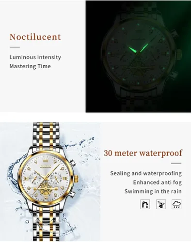 Vista 5 de OLEVS Reloj multifuncional de dos tonos para mujer, reloj analógico de cuarzo para mujer, de acero inoxidable, resistente al agua, con diamantes