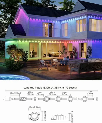Vista 8 de Luces Permanentes para Exteriores de 111 Pies, 72 Luces RGB para Aleros con Control de Aplicación Remota, IP65 Impermeables Luces de Eternidad
