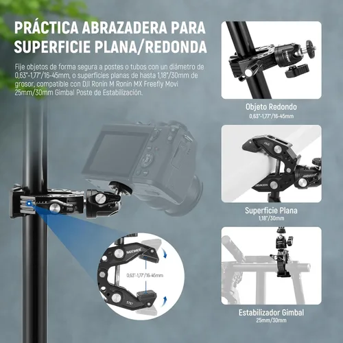 Vista 2 de NEEWER Super Clamp con Brazo Mágico de Cabeza Esférica Doble de 3", Zapata Fría, Roscas de 1/4", Adaptador de Montaje para Cámara de Teléfono/Acción