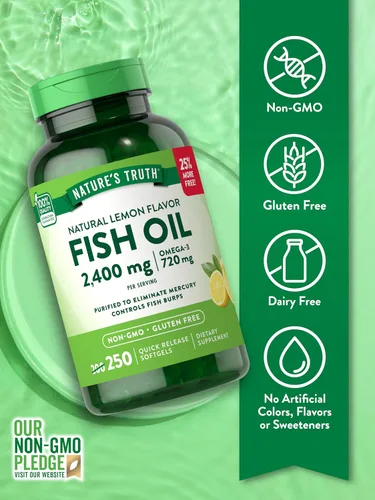 Vista 3 de Nature's Truth Aceite de pescado sin eructos de 2400 mg 250 cápsulas blandas 720 mg de Omega 3 Píldoras naturales de sabor a limón