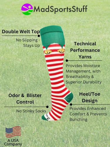 Vista 3 de MadSportsStuff Calcetines navideños de elfo con campanas sobre la pantorrilla