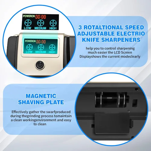 Vista 6 de Afilador de cuchillos eléctrico profesional 5 en 1 con pantalla LCD, sacapuntas de tijera con abrasivos de 3 velocidades y 100% diamante, guías