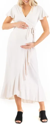 Vista 7 de Mother Bee Maternity Vestido de volantes de manga mariposa con cinturón ajustable Dkdenim