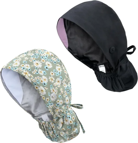 Vista 12 de Gorra médica con forro de satén con bolsillo para cola de caballo, gorro de enfermera médica de algodón con banda elástica para el sudor