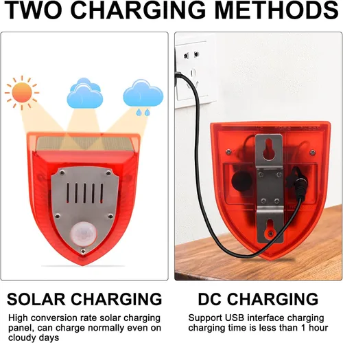 Vista 5 de Qualirey Detector de movimiento de alarma solar con sensor de movimiento al aire libre de 129 db, luz estroboscópica para perro, detector de alarma