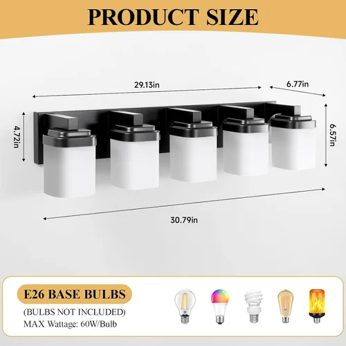 Vista 2 de Luces de tocador, lámparas de baño con pantalla de vidrio cuadrada blanca lechosa, luz moderna sobre espejo, accesorios de iluminación de baño