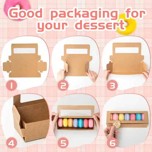 Vista 3 de Sherr 100 Cajas Marrones para Macarons con Ventana, Cajas para Galletas con 200 Pegatinas, Contenedores Largos de Regalos para Panadería y Postres