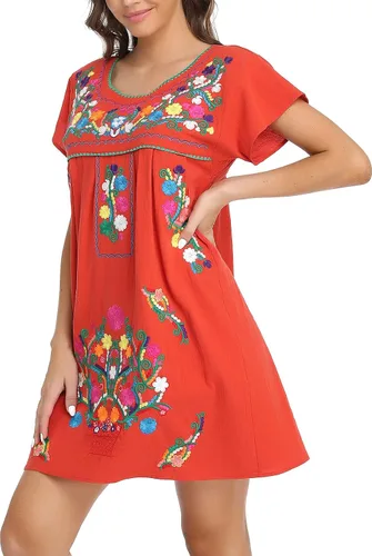 Vista 11 de YZXDORWJ Vestido bordado mexicano de manga corta para mujer 222BK