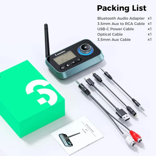 Vista 8 de SOOMFON Transmisor Bluetooth para TV 3 en 1, receptor transmisor Bluetooth 5.0 para TV a 2 auriculares con pantalla LCD volumen ajustable