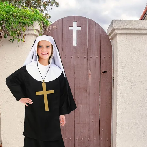 Vista 4 de Mepase Conjunto de 3 piezas de disfraz de monja para niñas, disfraz de monja para niñas, disfraz de monja con bata de hermana católica, sombrero