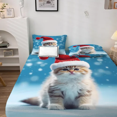 Vista 4 de Sábanas de gato tamaño individual – Sábanas y fundas de almohada de Navidad – 100% microfibra, estampado de alta cantidad de hilos, sábana encimera