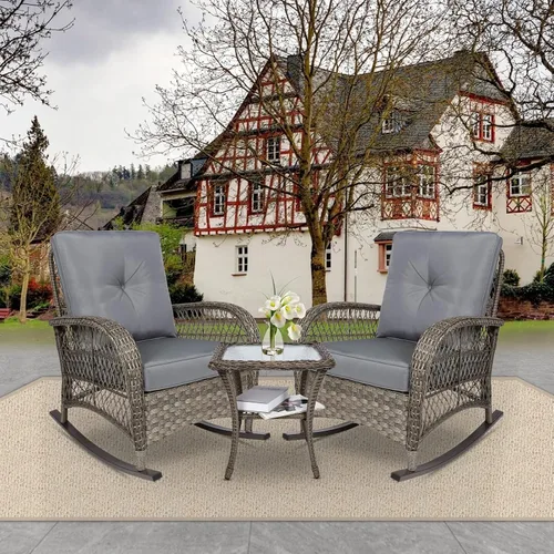Vista 18 de Mecedora de mimbre para exteriores, silla mecedora de ratán para patio con marco de acero, silla mecedora para césped, muebles de patio, mimbre Beige