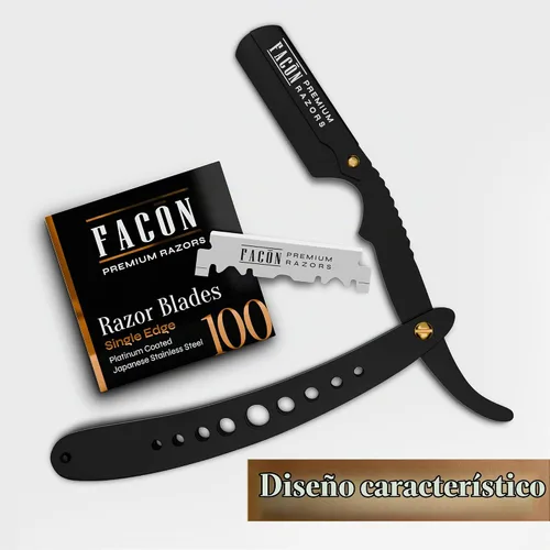 Vista 8 de Facón Navajas rectas para hombres - Kit de navaja de barbero profesional de borde recto con 100 cuchillas, afeitadora clásica de acero inoxidable El