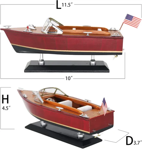 Vista 2 de Modelo de lancha rápida de madera, decoración clásica de barco Runabout de 10 pulgadas Ideal for lake house beach home office bookshelf mantel or