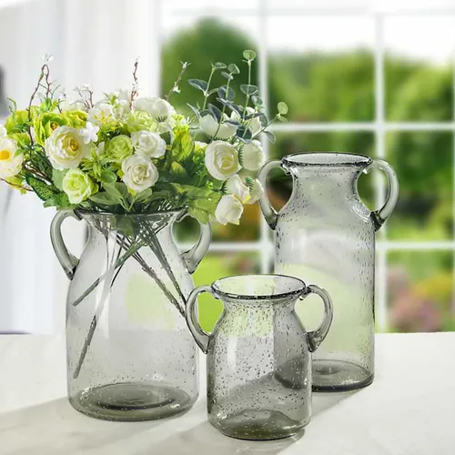 Vista 3 de Jarrón de cristal transparente, florero de vidrio con doble oreja, jarrón de boca ancha para decoración de interiores y exteriores (4)