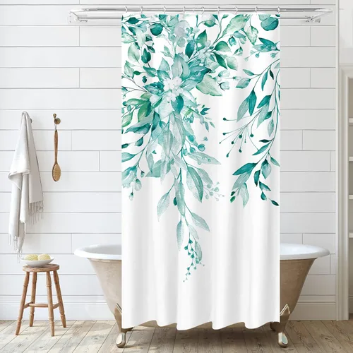 Vista 62 de Tititex - Juego de cortinas de ducha de eucalipto negro, hojas de acuarela gris en la parte superior, con decoración floral de baño, 60 x 72