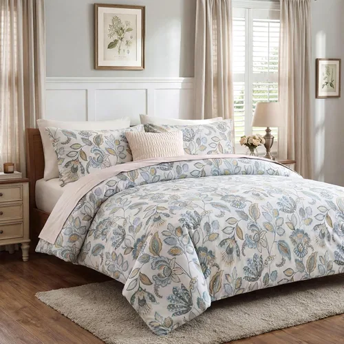 Vista 2 de Juego de edredón floral azul tamaño Queen, juego de ropa de cama botánica azul 100% algodón, edredón suave transpirable de 3 piezas y 2 fundas