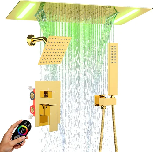Vista 16 de ENGA Sistema de ducha dorado brillante con chorros corporales, 2 en 1 funciones de montaje en techo, cabezal de ducha LED de 14 x 20 pulgadas con 4