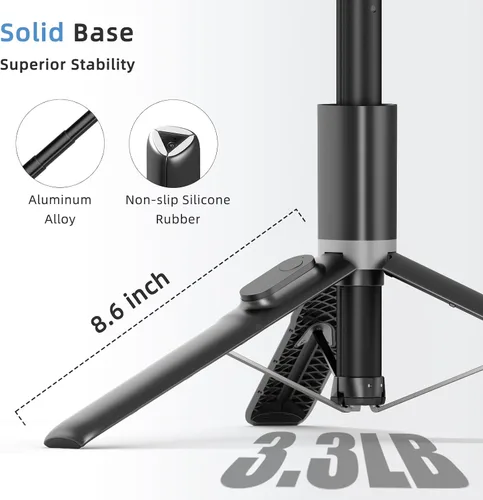 Vista 8 de Trípode para selfie stick de 61 pulgadas con control remoto Bluetooth, soporte extensible de aluminio resistente para vlogging con base de metal
