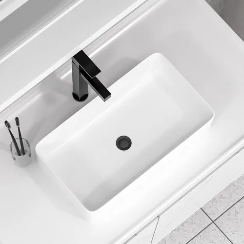 Vista 15 de Fregadero de recipiente blanco redondo - Fulorni 33x33 cm Lavabo de baño de cerámica de porcelana con borde dorado sobre encimera, fregadero