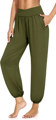 Vista 2 de UEU Pantalones deportivos de yoga con bolsillos para mujer, estilo harem cruzado, cintura alta, holgados, casuales, para descansar, para descansar