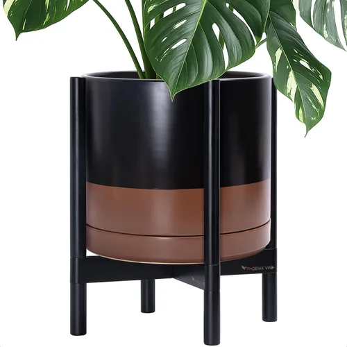 Vista 71 de D'vine Dev Maceta de cerámica con soporte de ébano – Maceta redonda moderna de 8 pulgadas con soporte para maceta de madera, color negro, 55-B-M-2