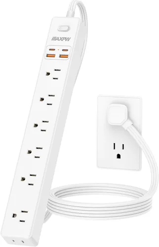 Vista 7 de Regleta protectora de sobretensiones de 6 pies, 7 tomacorrientes, 4 puertos USB (2 USB C), cable de extensión plano ultrafino y enchufe plano, 1700