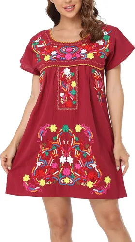 Vista 25 de YZXDORWJ Vestido bordado mexicano de manga corta para mujer 222BK