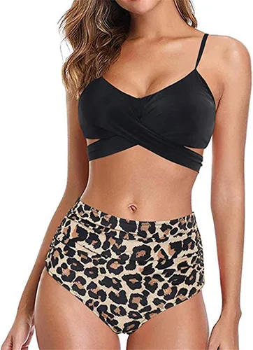 Vista 3 de Conjunto de bikini para mujer, traje de baño de dos piezas con parte superior triangular entrecruzada, tirantes delgados, cintura alta, estampado