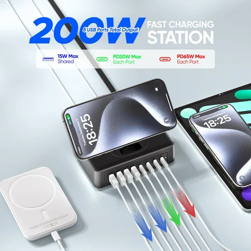 Vista 4 de Estación de carga USB de 200 W, regleta de alimentación USB C 11 en 1, 2 salidas AC y 8 puertos USB, cable de extensión de enchufe plano de 5 pies