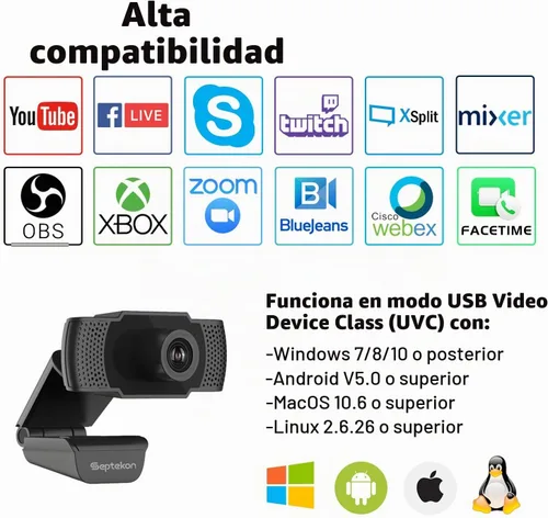 Vista 5 de Septekon Cámara web HD 1080P con micrófono, cámara web de computadora de transmisión para portátil/escritorio/Mac/TV, cámara USB para videollamadas