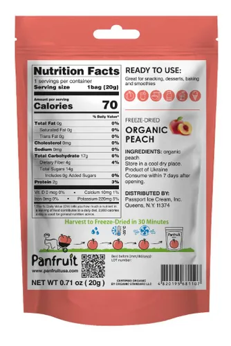 Vista 2 de PANFRUIT Bocadillos orgánicos liofilizados de durazno – 100% naturales, sin azúcar añadido, sin OMG, sin gluten – 4 paquetes individuales