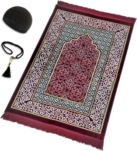 Vista 8 de Juego de alfombras de oración islámica de terciopelo (alfombra gruesa de oración, 99 cuentas de oración Tasbih, sombrero kufi de algodón negro), Azul