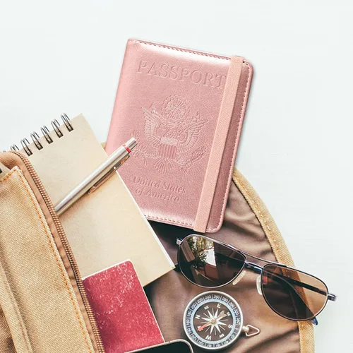 Vista 7 de ACdream - Funda para pasaporte, billetera o cartera de viaje de piel con bloqueo RFID para pasaporte con cierre de banda elástica, Ab-oro rosa)